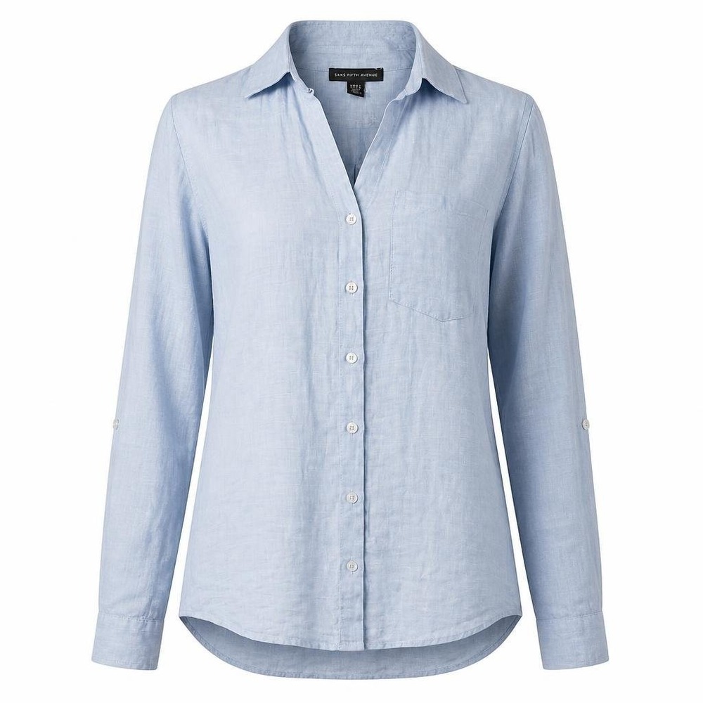 Saks Fifth Avenue Linen Shirt Womens L Blue Button Preppy Corpcore Career Office